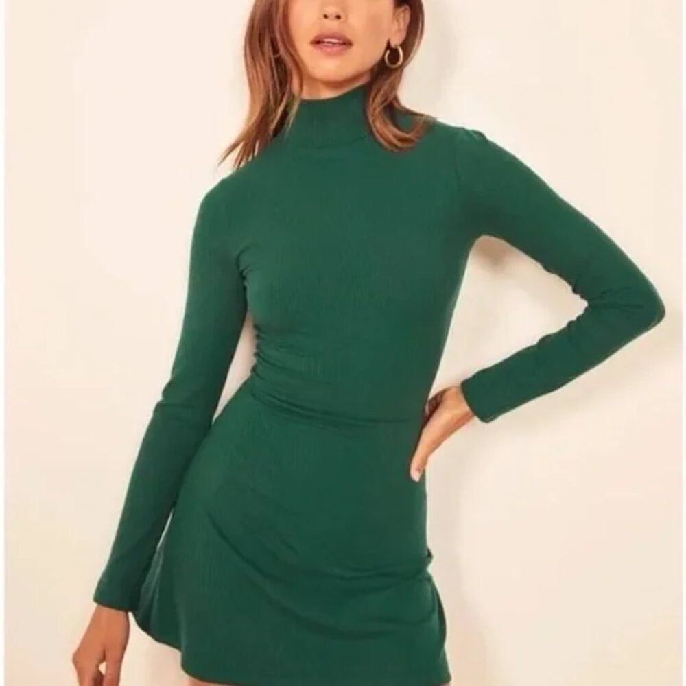 Reformation Maya Ribbed Mock Neck Mini Dress - Green/Medium